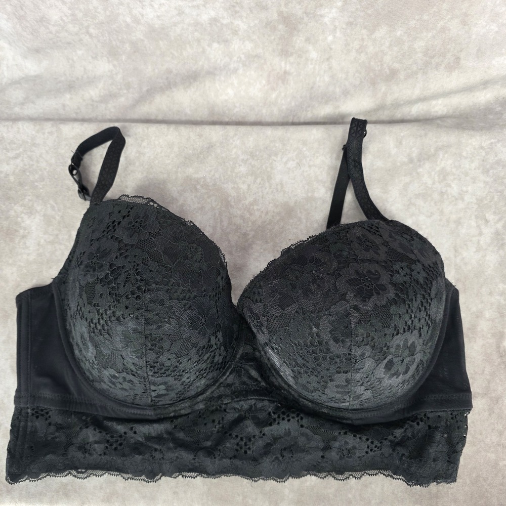 Adore Me Bra Womens 40 DD Black Lace Longline Underwire Padded Floral Lingerie
